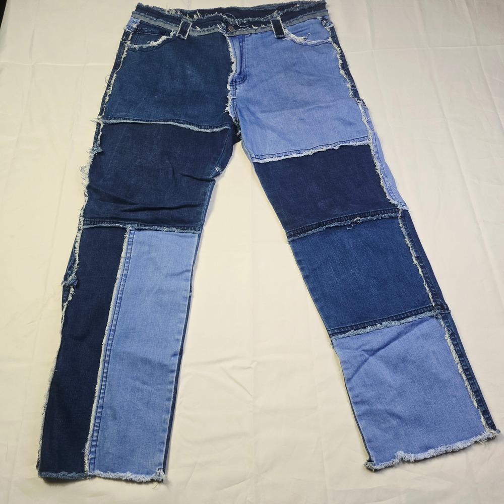 Unbranded Men's Patchwork Denim Jeans XL 36 x 29 Blue Frayed Raw Edge Seams Z36 - Picture 4 of 12